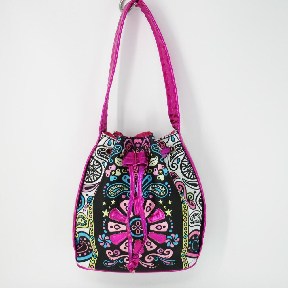 My Look Handbag Shoulder Bag Hot Pink Metallic Paisley Drawstring Lined
